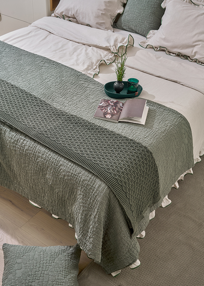 Комплект постельного белья с воланами "ВЕСТА", ТМ "Luxberry", хлопок/лён, натуральный/зелёный вид 2