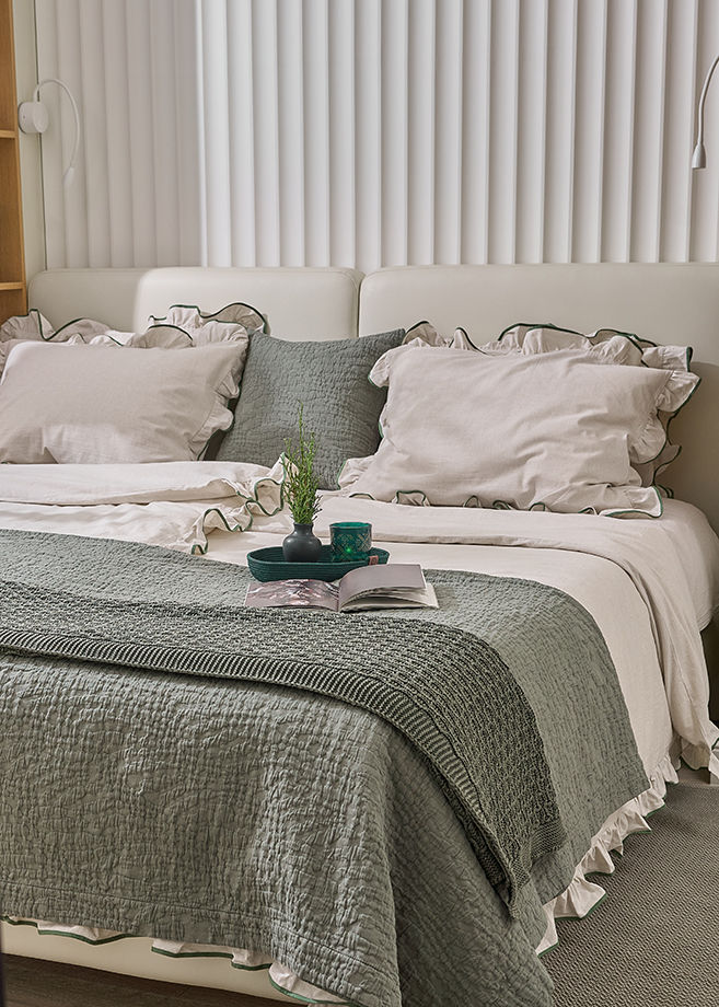 Наволочка "Веста", ТМ "Luxberry", хлопок/лён, натуральный/зелёный вид 4