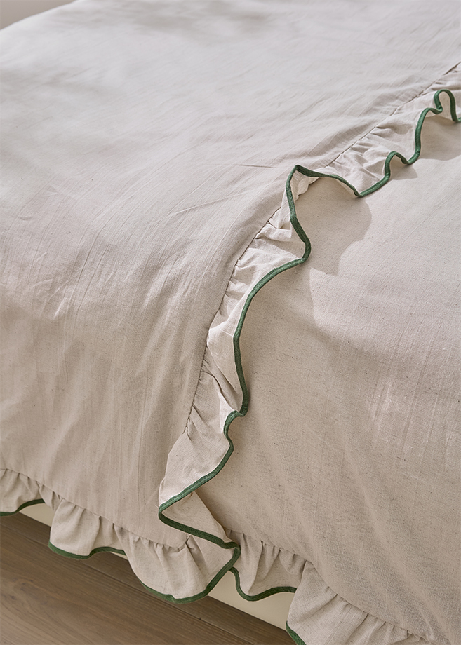 Комплект постельного белья с воланами "ВЕСТА", ТМ "Luxberry", хлопок/лён, натуральный/зелёный вид 9