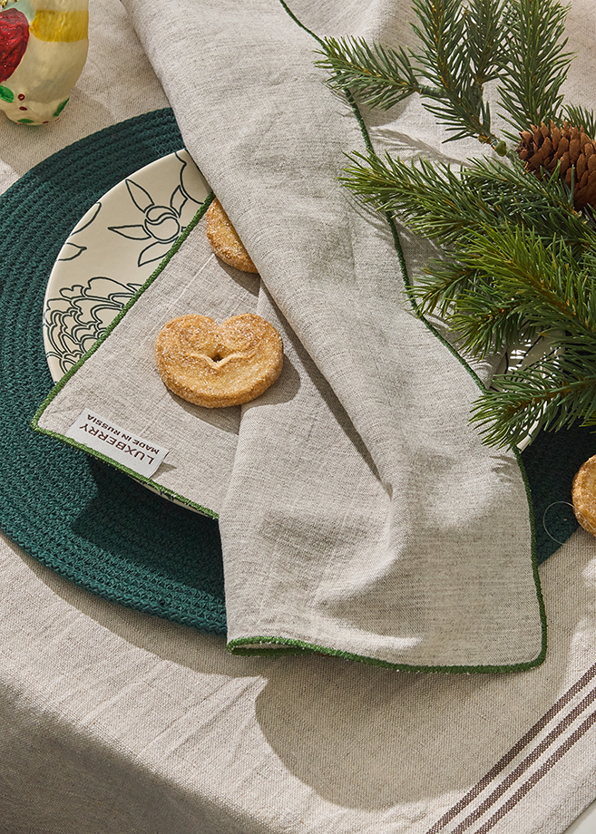 Сервировочная салфетка LINEN, р-р 40х40 см.,30% лён, 40% хлопок, 30% вискоза,натуральный/зелёный вид 4