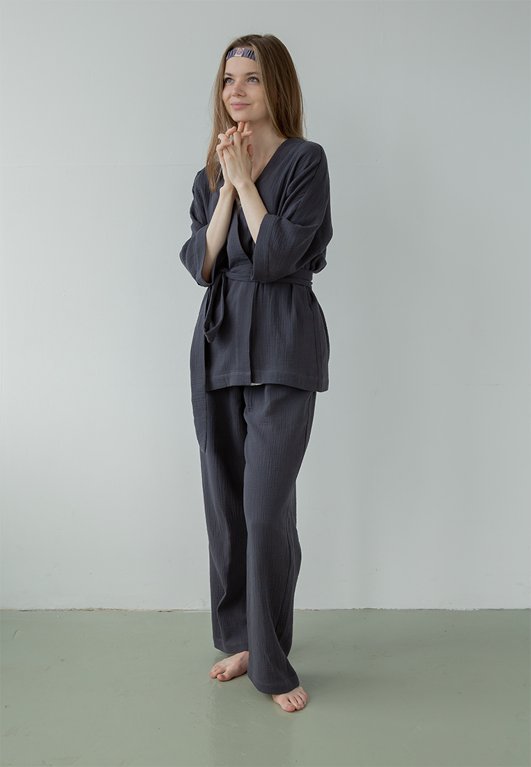 Костюм-кимоно (жакет и брюки) "Муслин и комфорт" 100% хлопок(муслин), графитовый
