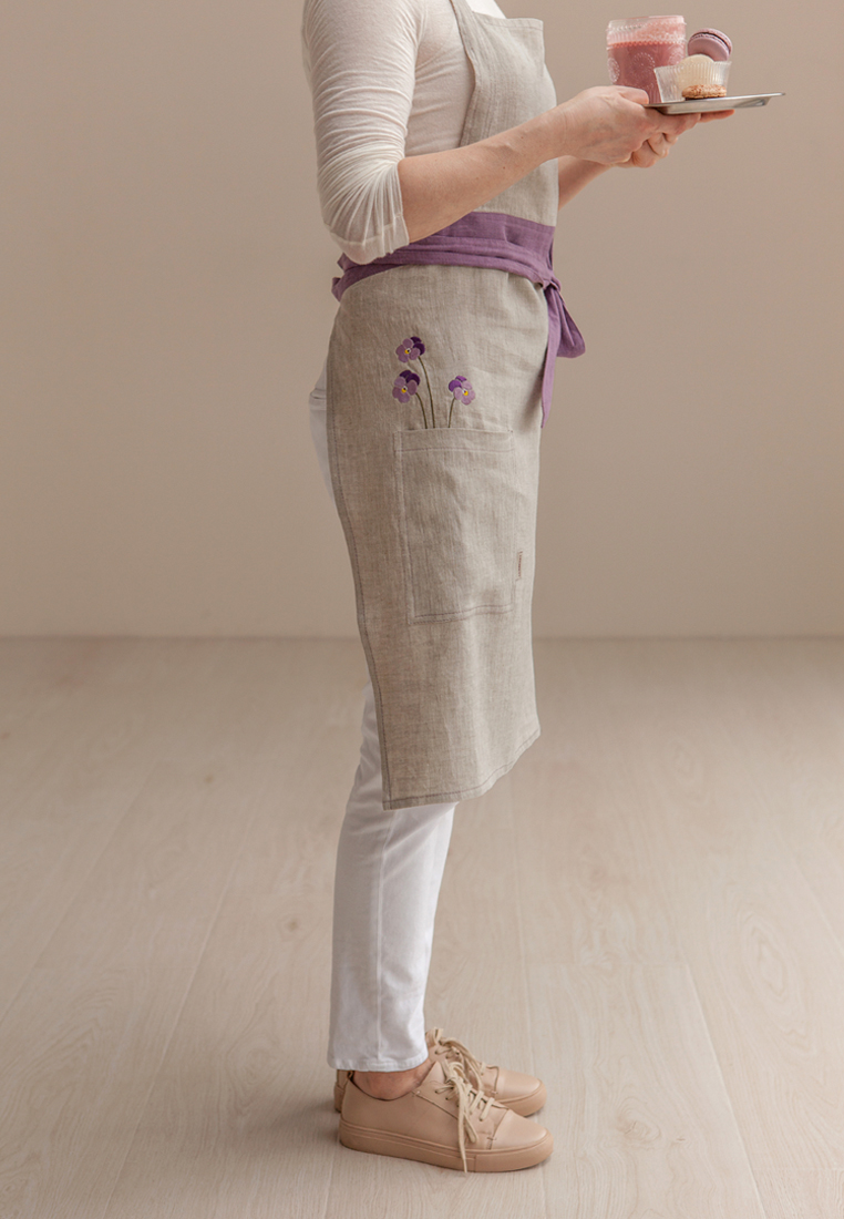 Фартук с вышивкой "VIOLA" в мешочке, 100% лен, натуральный/лавандовый вид 5