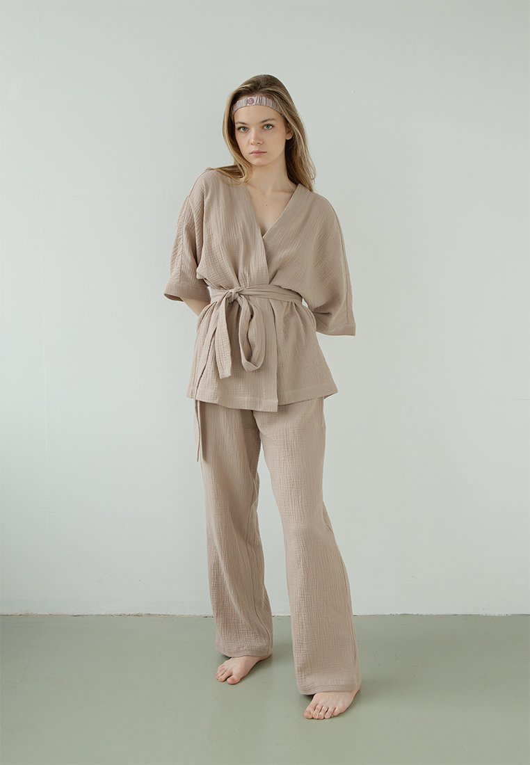 Костюм-кимоно (жакет и брюки) "Муслин и комфорт" 100% хлопок(муслин), тауп вид 6