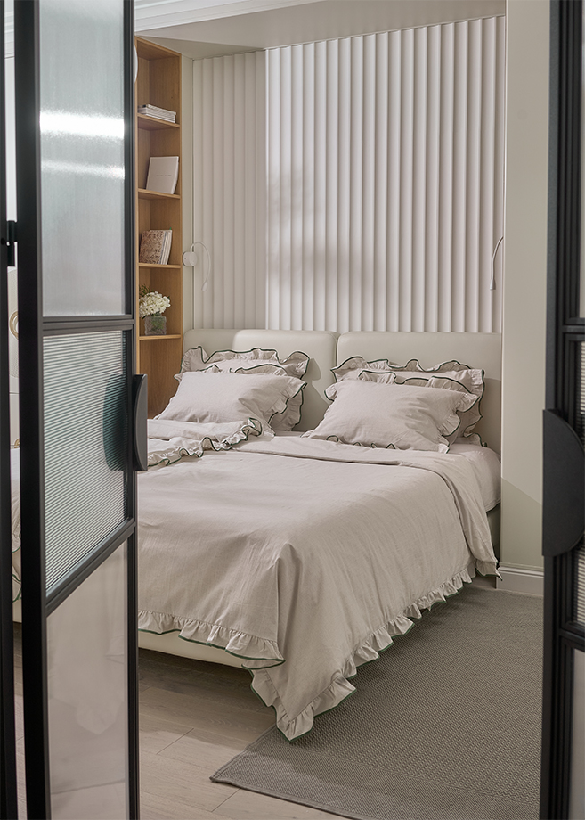 Комплект постельного белья с воланами "ВЕСТА", ТМ "Luxberry", хлопок/лён, натуральный/зелёный вид 4