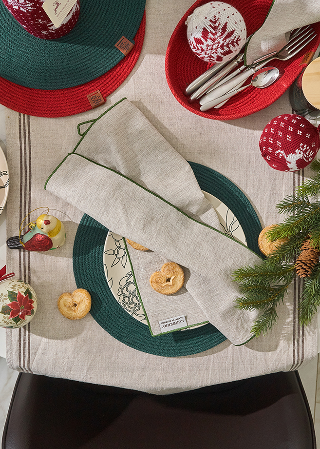 Сервировочная салфетка LINEN, р-р 40х40 см.,30% лён, 40% хлопок, 30% вискоза,натуральный/зелёный