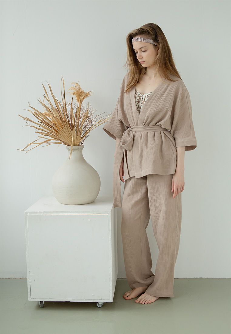 Костюм-кимоно (жакет и брюки) "Муслин и комфорт" 100% хлопок(муслин), тауп вид 4