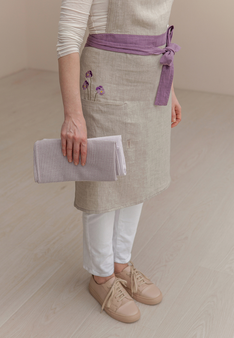 Фартук с вышивкой "VIOLA" в мешочке, 100% лен, натуральный/лавандовый вид 4
